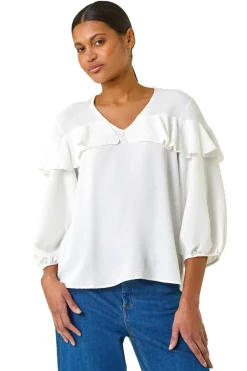 Tops>Roman Ivory Frill Front Woven Top