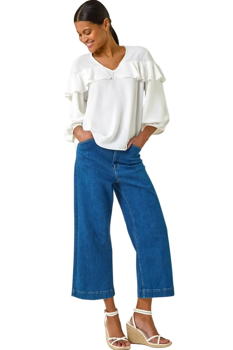 Tops>Roman Ivory Frill Front Woven Top