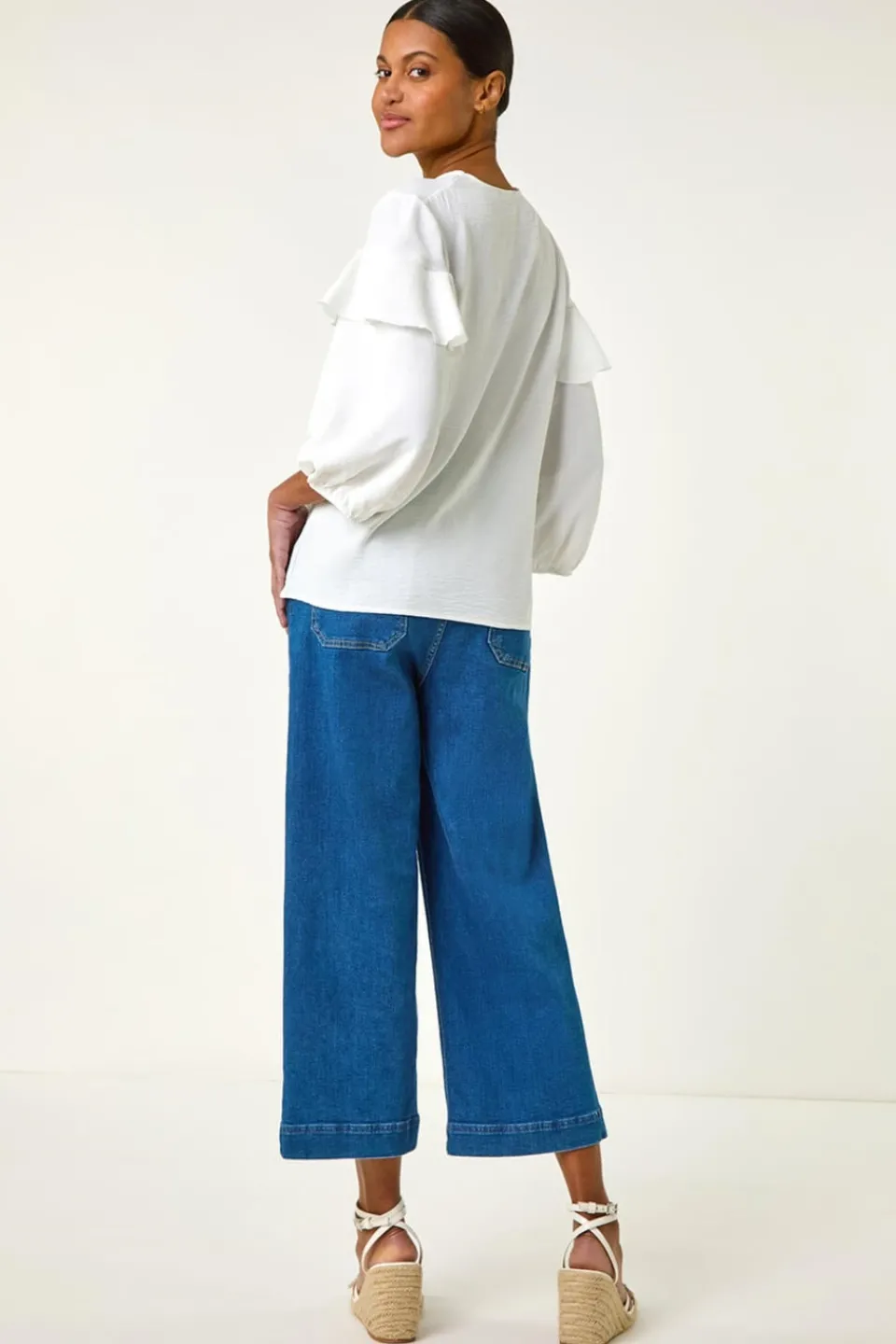 Tops>Roman Ivory Frill Front Woven Top