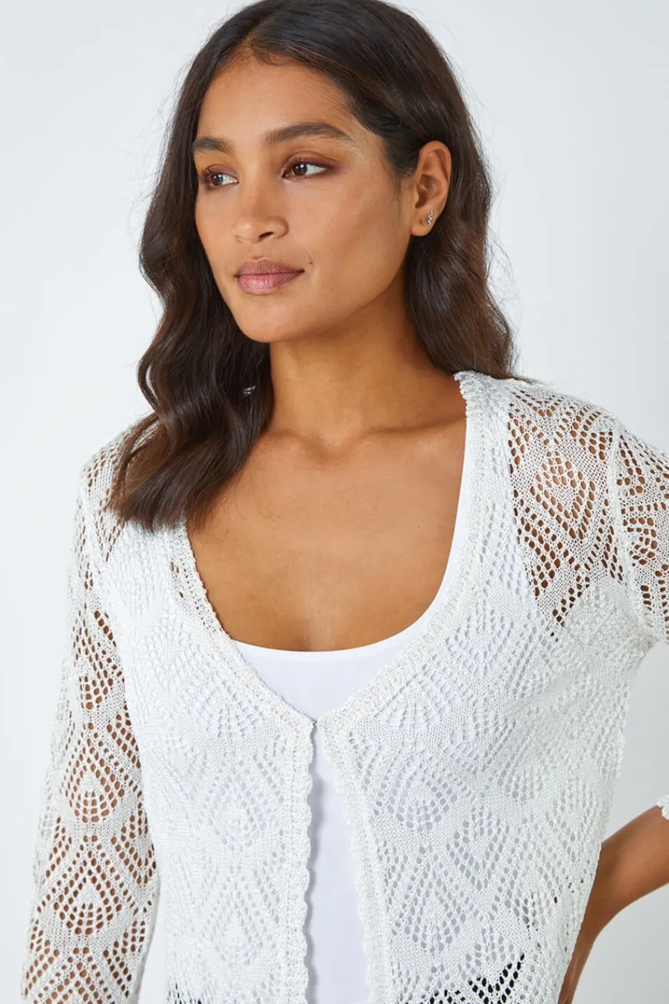 Tops>Roman Ivory Knitted Crochet Shimmer Shrug