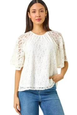 Tops>Roman Ivory Lace Angel Sleeve Top