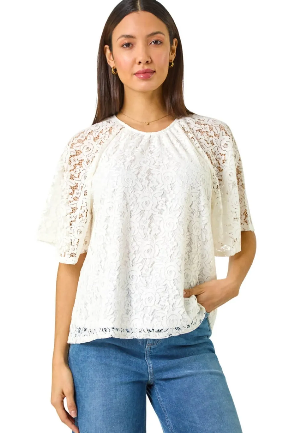 Tops>Roman Ivory Lace Angel Sleeve Top