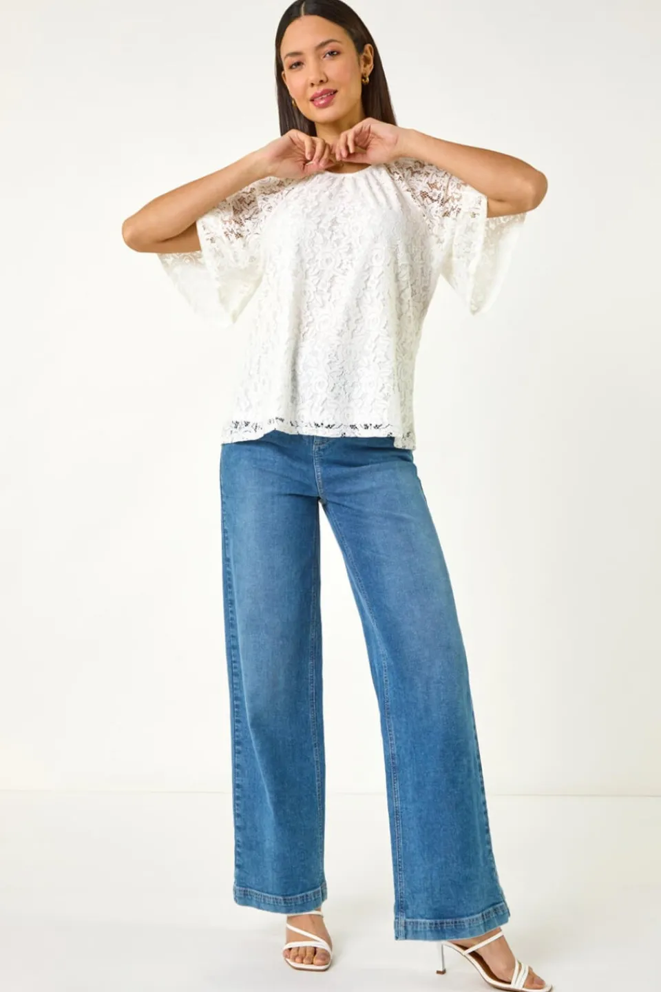 Tops>Roman Ivory Lace Angel Sleeve Top