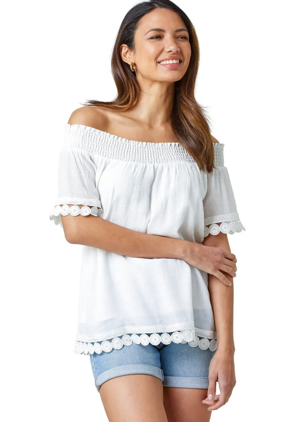 Tops>Roman Ivory Lace Detail Shirred Bardot Top