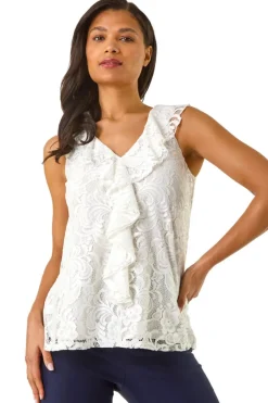 Tops>Roman Ivory Lace V Neck Ruffle Front Top