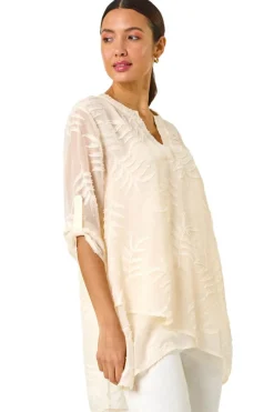 Tops>Roman Ivory Leaf Print Burnout Wrap Tunic Top