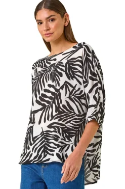 Tops>Roman Ivory Leaf Print Tunic Top