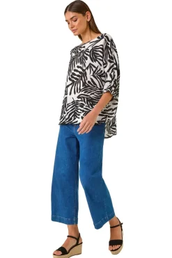 Tops>Roman Ivory Leaf Print Tunic Top
