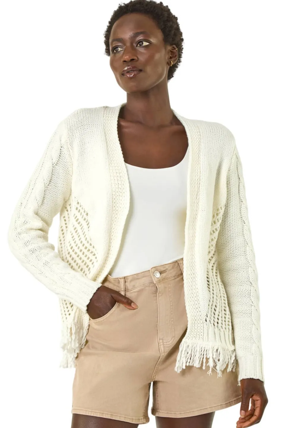 Tops>Roman Ivory Lightweight Fringe Hem Knit Cardigan