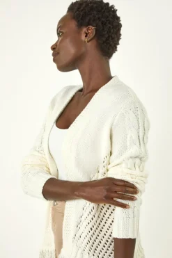 Tops>Roman Ivory Lightweight Fringe Hem Knit Cardigan