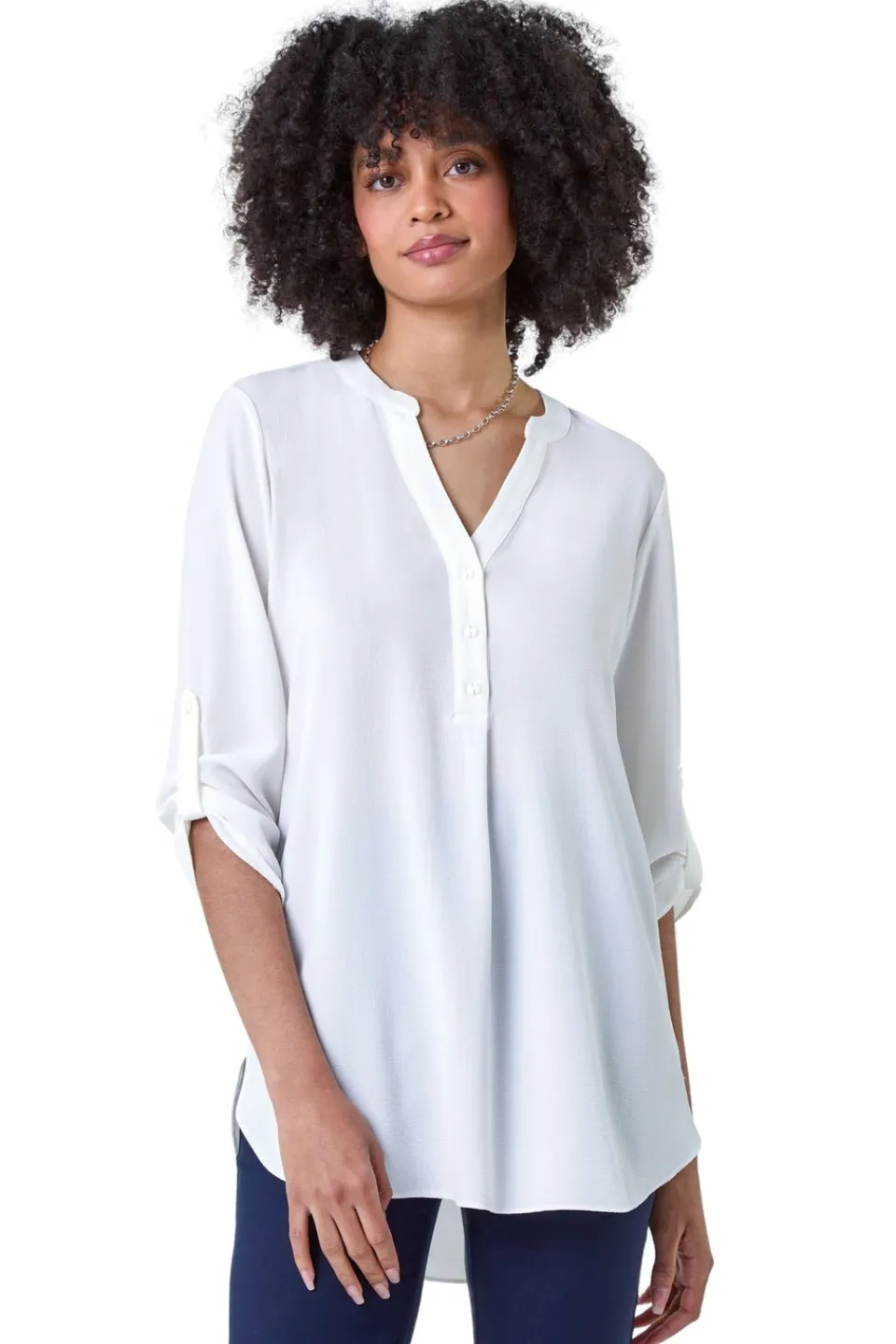 Tops>Roman Ivory Longline Tunic Stretch Blouse