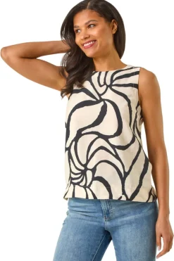 Tops>Roman Ivory Mono Abstract Print Shell Top