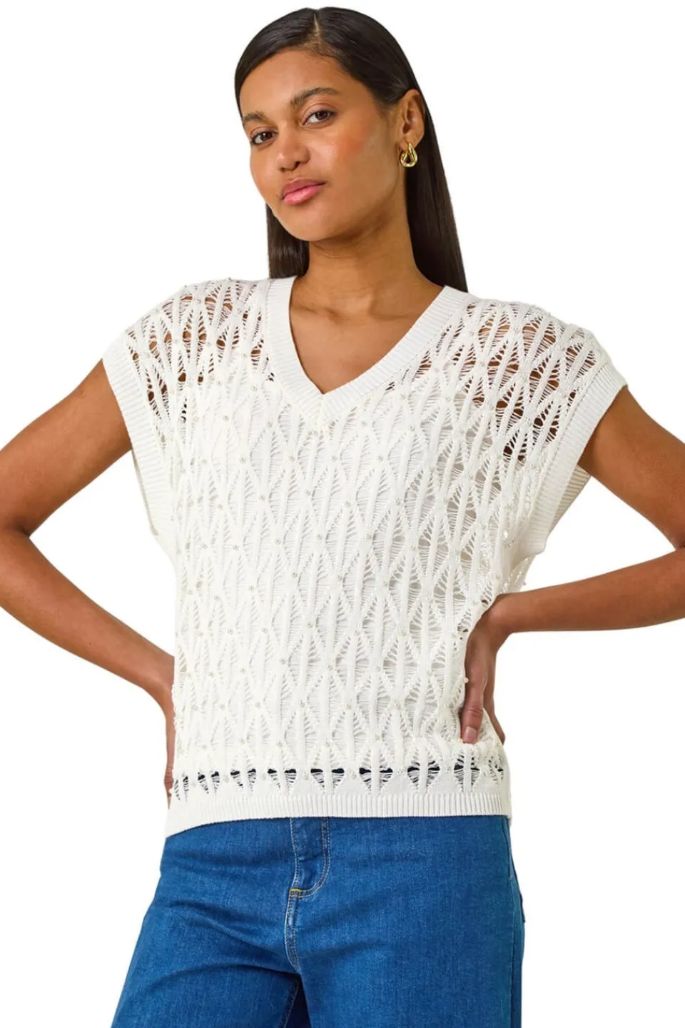 Tops>Roman Ivory Pearl Double Layer Knit Top