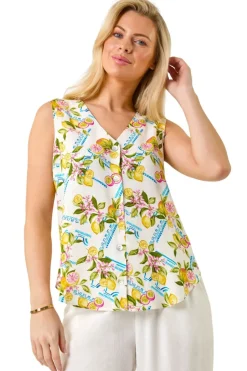 Tops>Roman Ivory Petite Floral Lemon Blouse