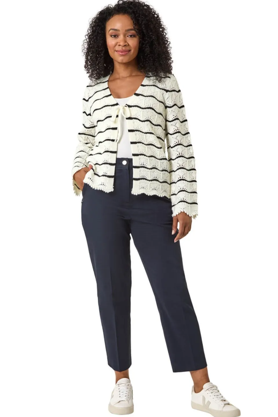Tops>Roman Ivory Petite Stripe Knitted Tie Cardigan