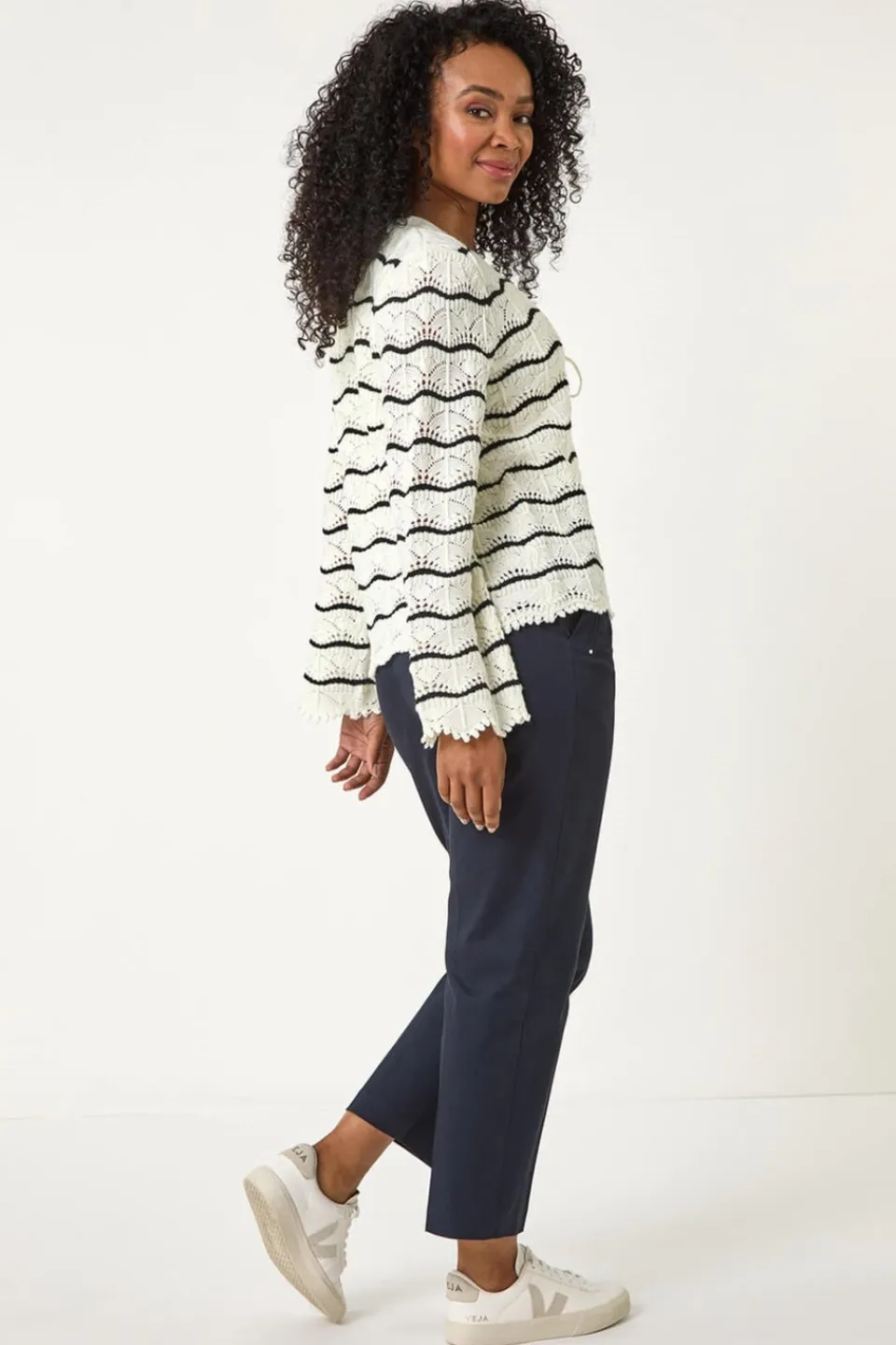 Tops>Roman Ivory Petite Stripe Knitted Tie Cardigan