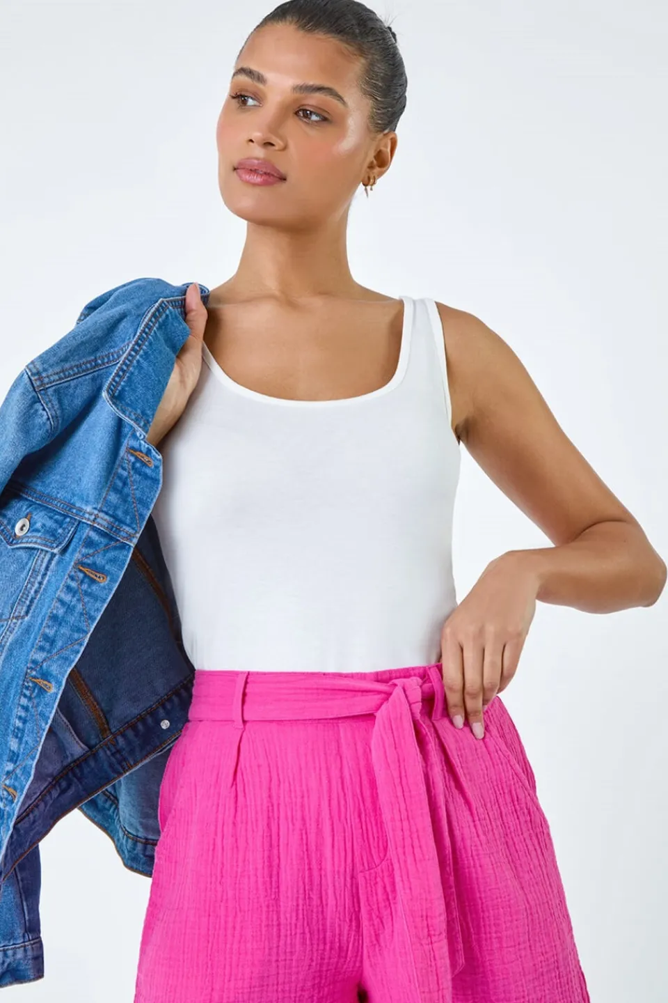 Tops>Roman Ivory Plain Stretch Jersey Vest Top