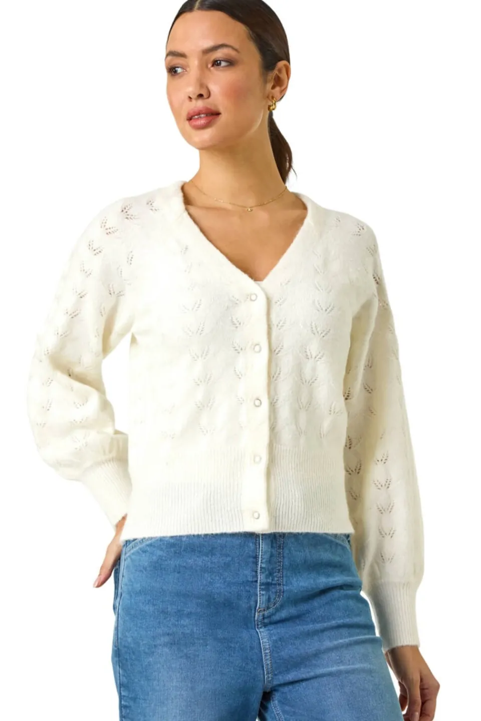 Knitwear>Roman Pointelle Detail Knit Cardigan Ivory