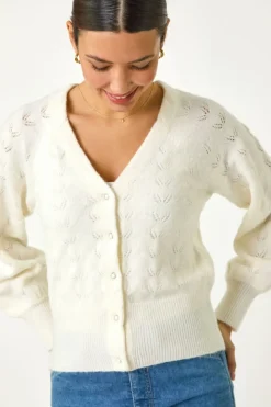 Knitwear>Roman Pointelle Detail Knit Cardigan Ivory