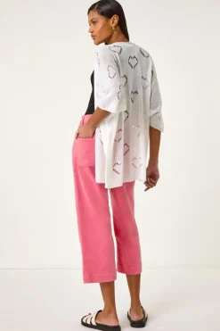 Tops>Roman Ivory Pointelle Heart Knit Cardigan