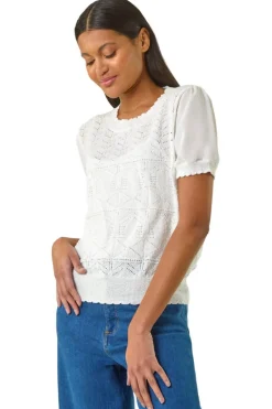Tops>Roman Ivory Pointelle Knit Tee