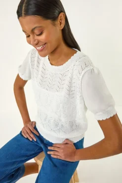 Tops>Roman Ivory Pointelle Knit Tee