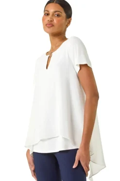 Tops>Roman Ivory Ring Front Chiffon Overlay Top