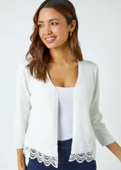 Knitwear>Roman Ivory Scalloped Lace Trim Knitted Shrug