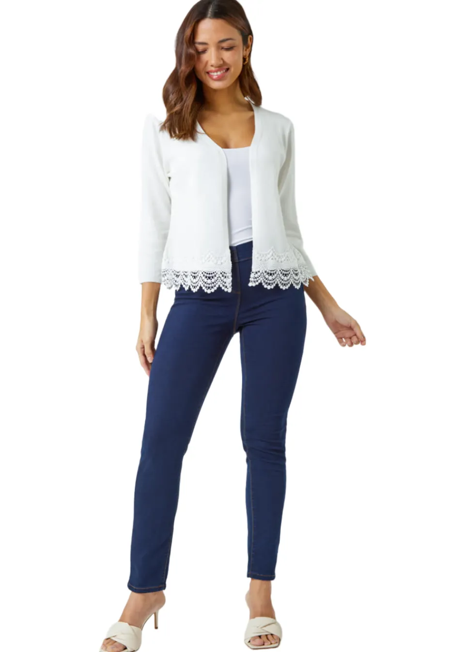 Knitwear>Roman Ivory Scalloped Lace Trim Knitted Shrug