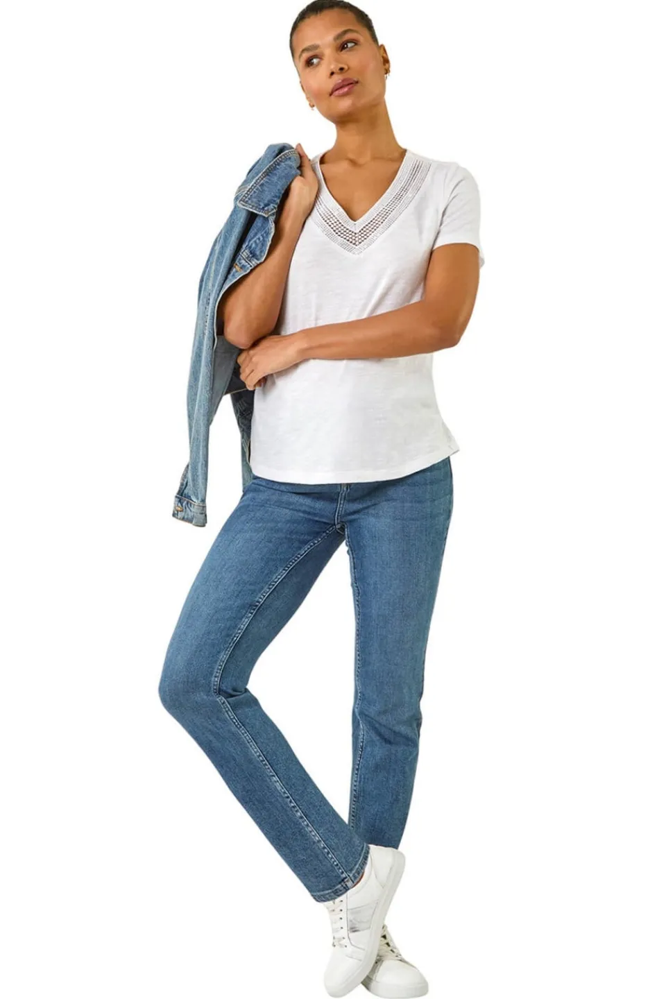 T-Shirts>Roman Ivory Sequin Trim V Neck Stretch Top