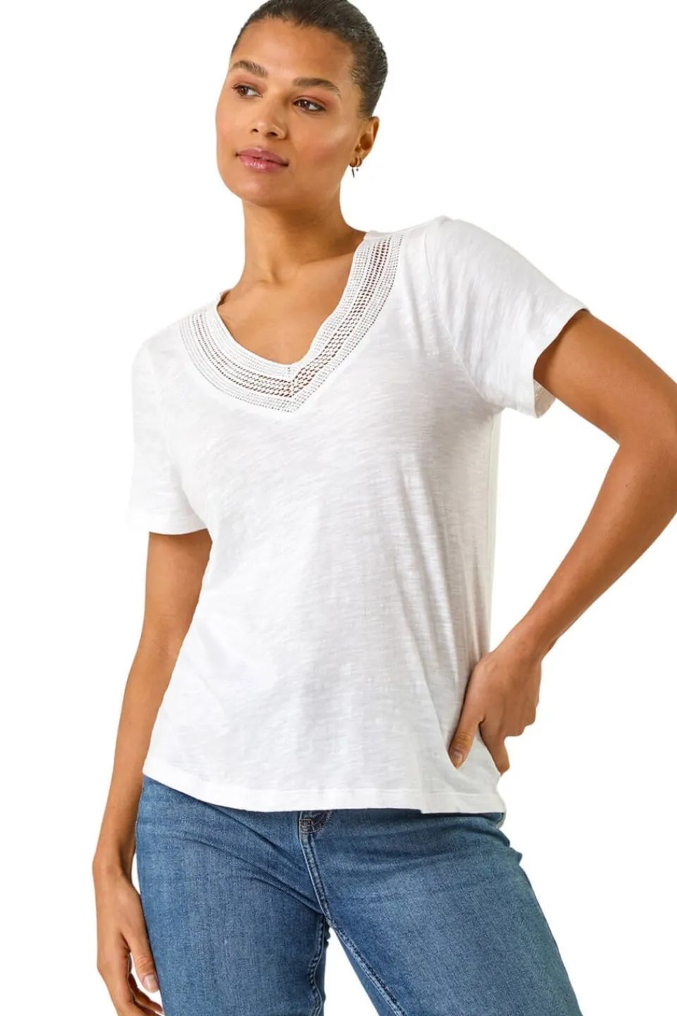 T-Shirts>Roman Ivory Sequin Trim V Neck Stretch Top