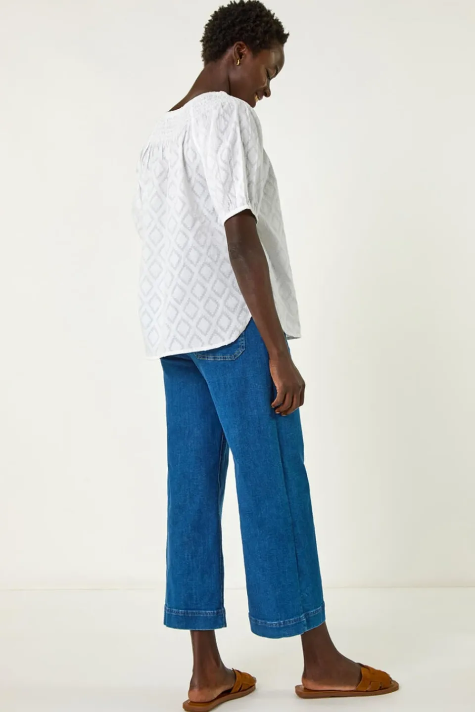 Tops>Roman Ivory Shirred Neck Textured Top