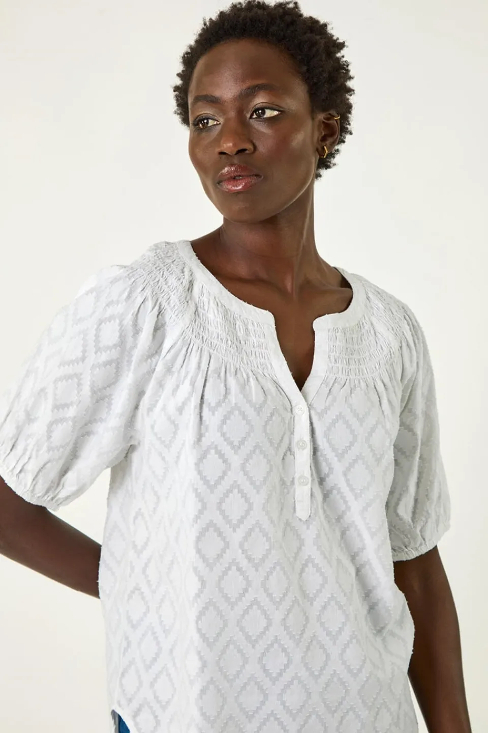 Tops>Roman Ivory Shirred Neck Textured Top