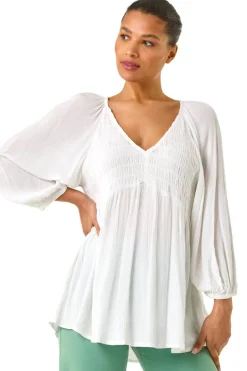 Tops>Roman Ivory Shirred V-Neck Top