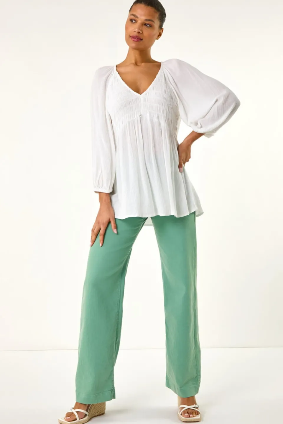 Tops>Roman Ivory Shirred V-Neck Top