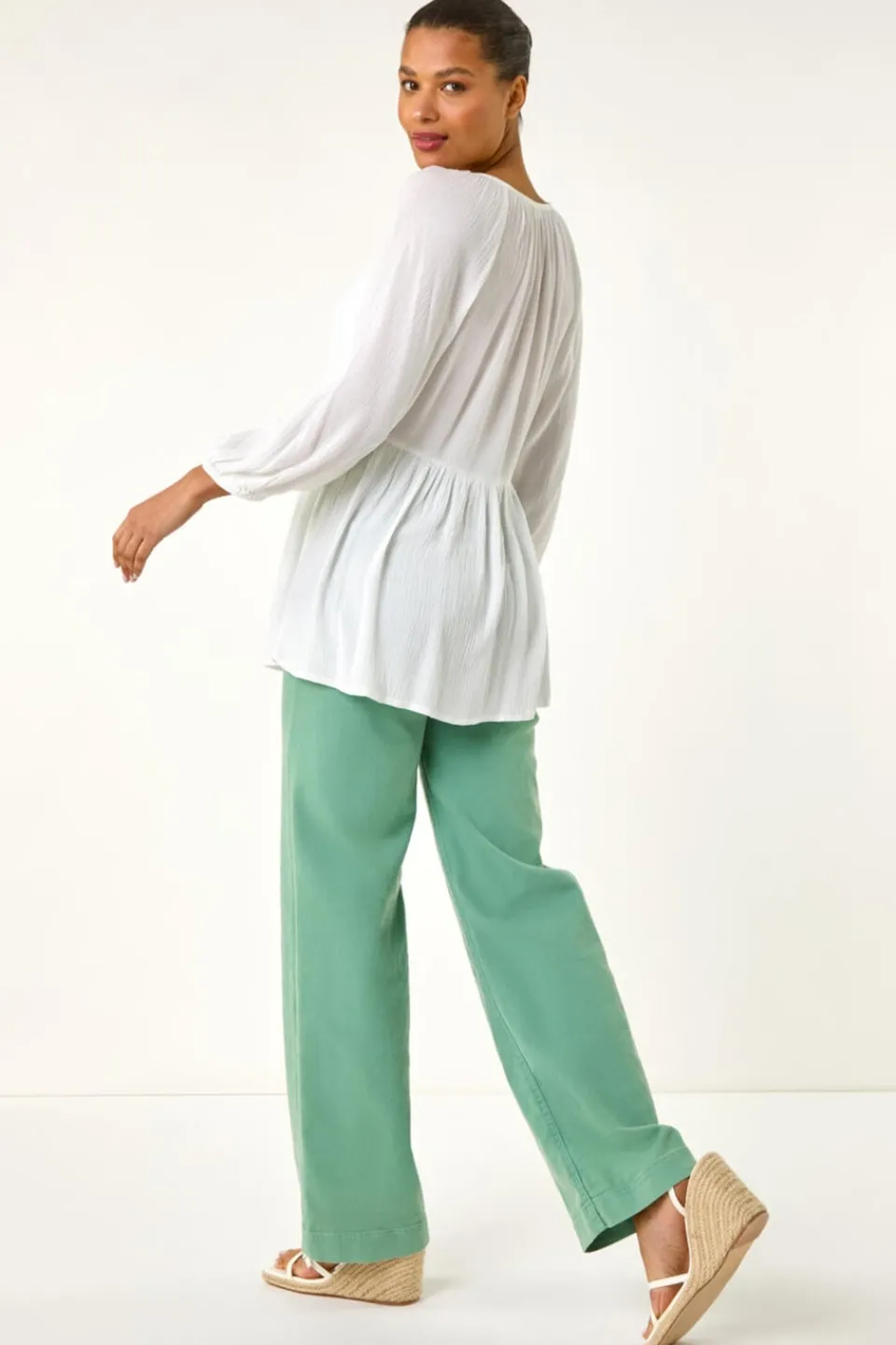 Tops>Roman Ivory Shirred V-Neck Top