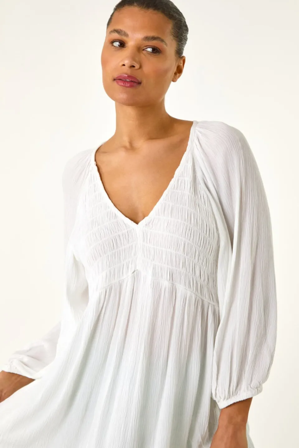 Tops>Roman Ivory Shirred V-Neck Top