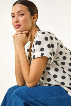 Tops>Roman Ivory Spotted Pleat Front V Neck Top