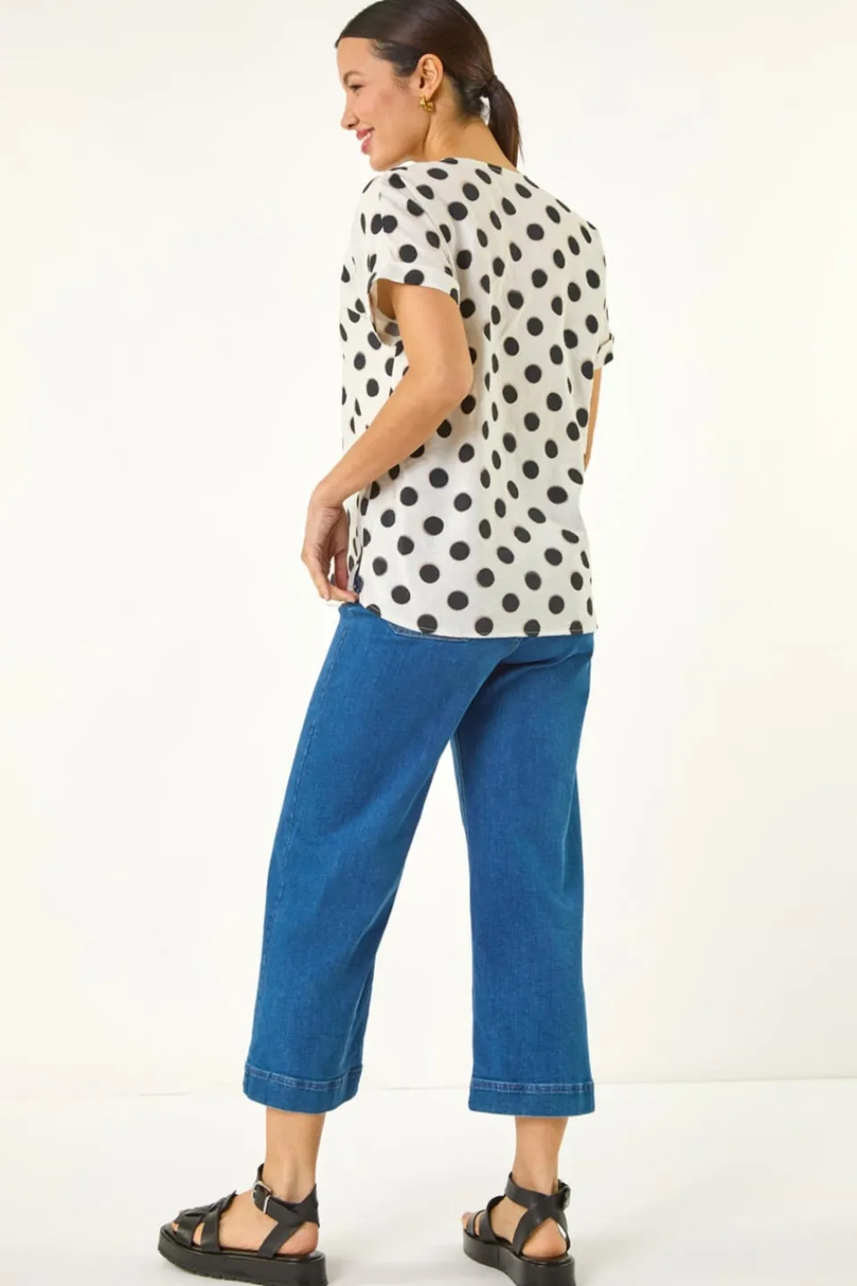 Tops>Roman Ivory Spotted Pleat Front V Neck Top