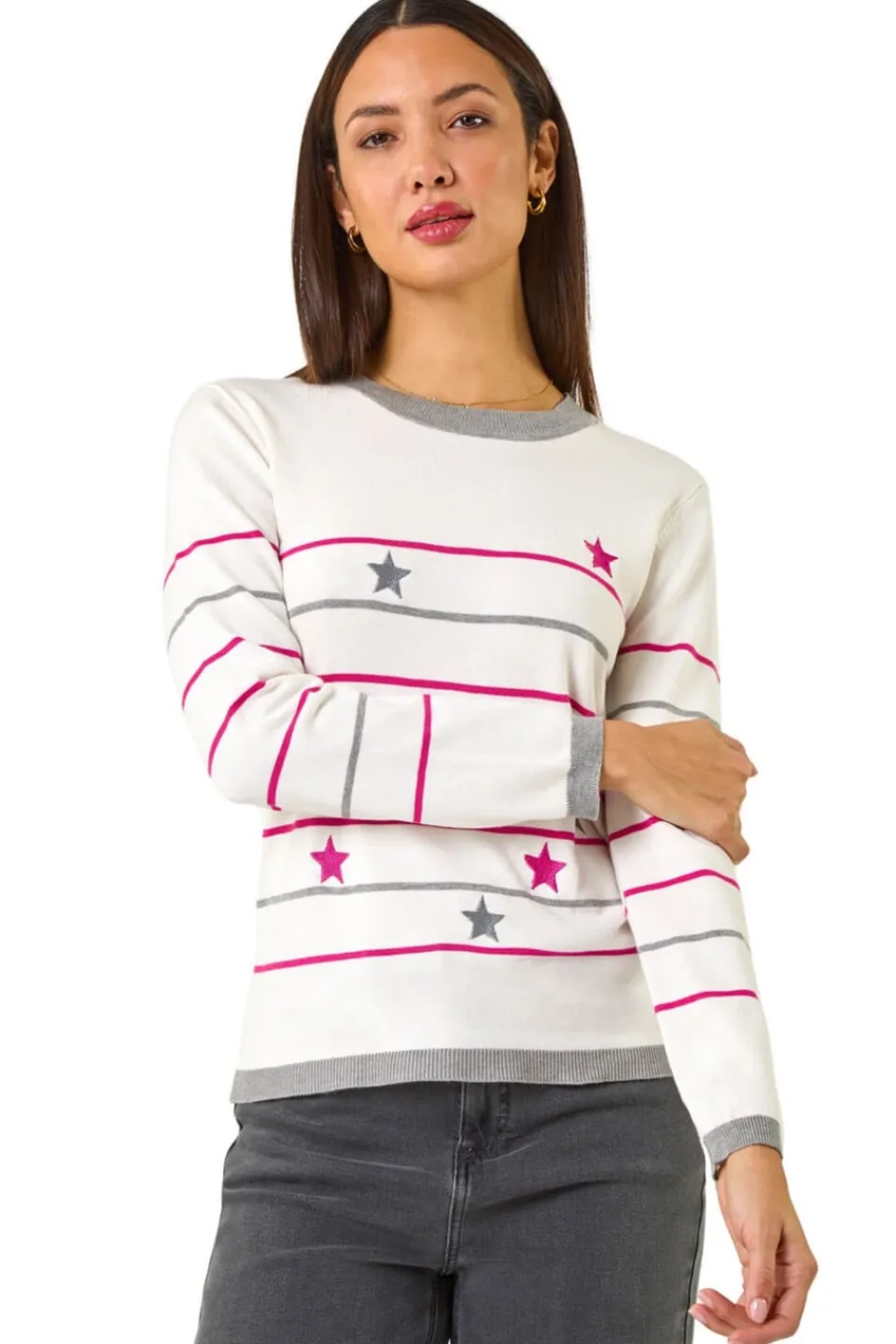 Tops>Roman Ivory Star Embroidery Jumper
