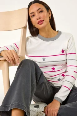 Tops>Roman Ivory Star Embroidery Jumper