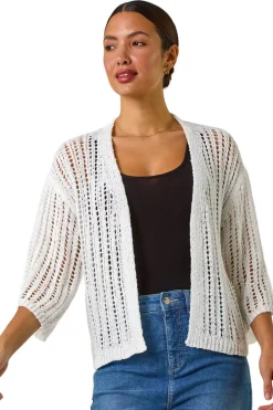Tops>Roman Ivory Stitch Detail Knit Cardigan
