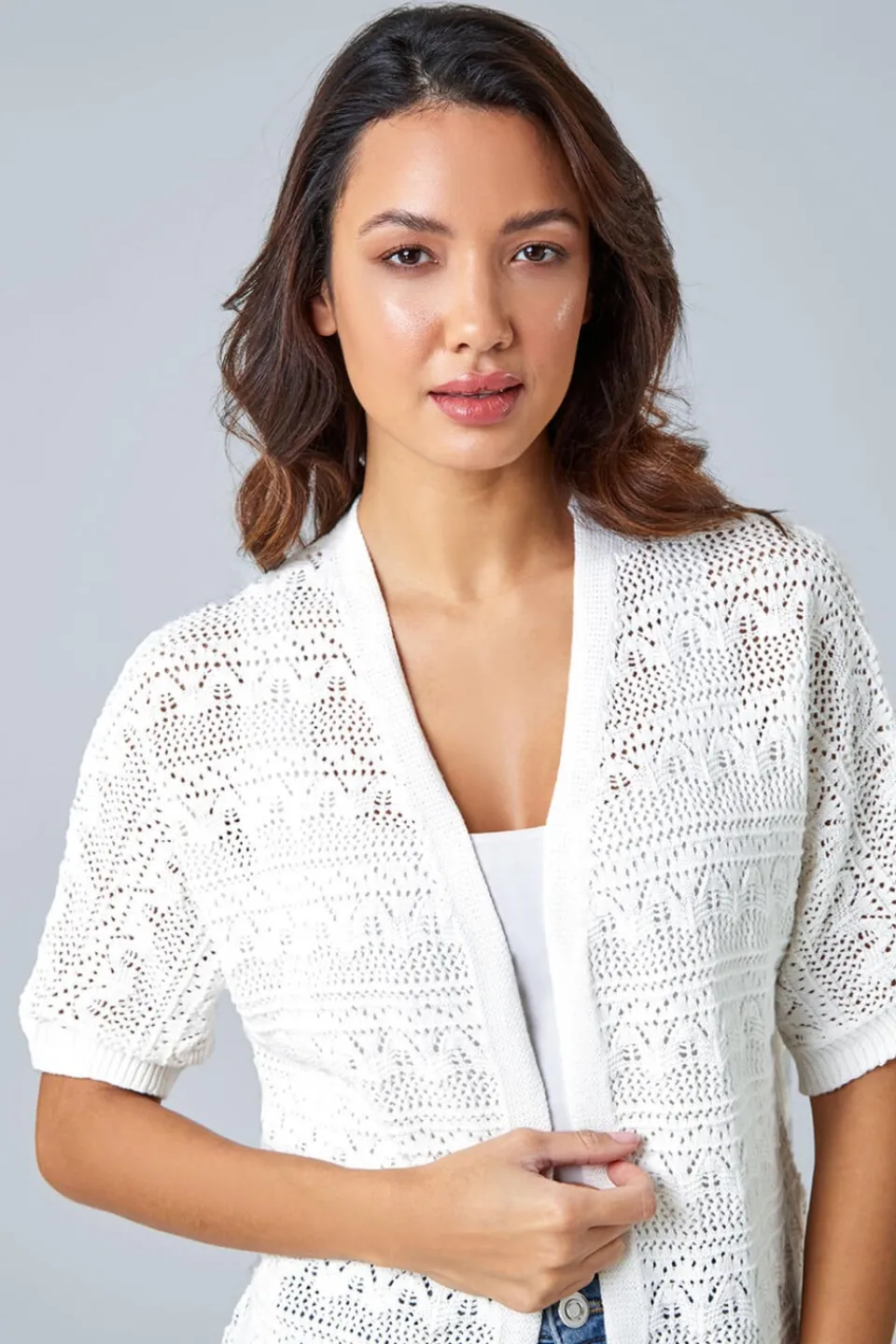 Knitwear>Roman Ivory Stitch Detail Knit Cardigan