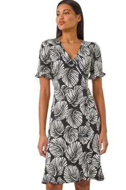 Dresses>Roman Ivory Stretch Leaf Print Side Button Dress