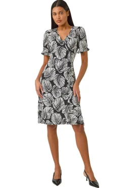 Dresses>Roman Ivory Stretch Leaf Print Side Button Dress