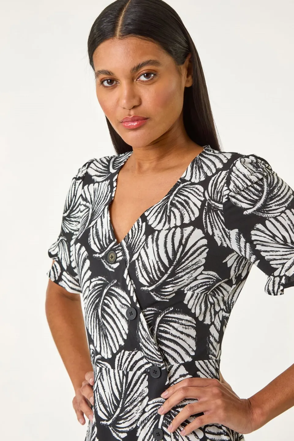 Dresses>Roman Ivory Stretch Leaf Print Side Button Dress