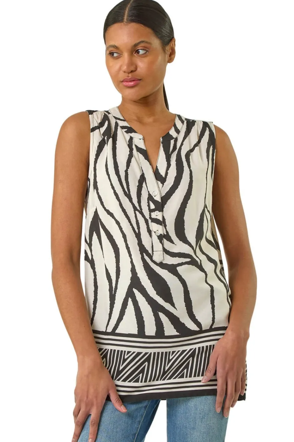 Tops>Roman Ivory Stripe Border Print V Neck Vest