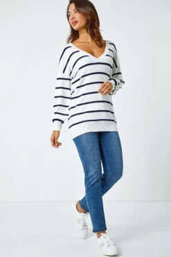 Tops>Roman Ivory Stripe Print Knitted V-Neck Longline Jumper 01Ivory