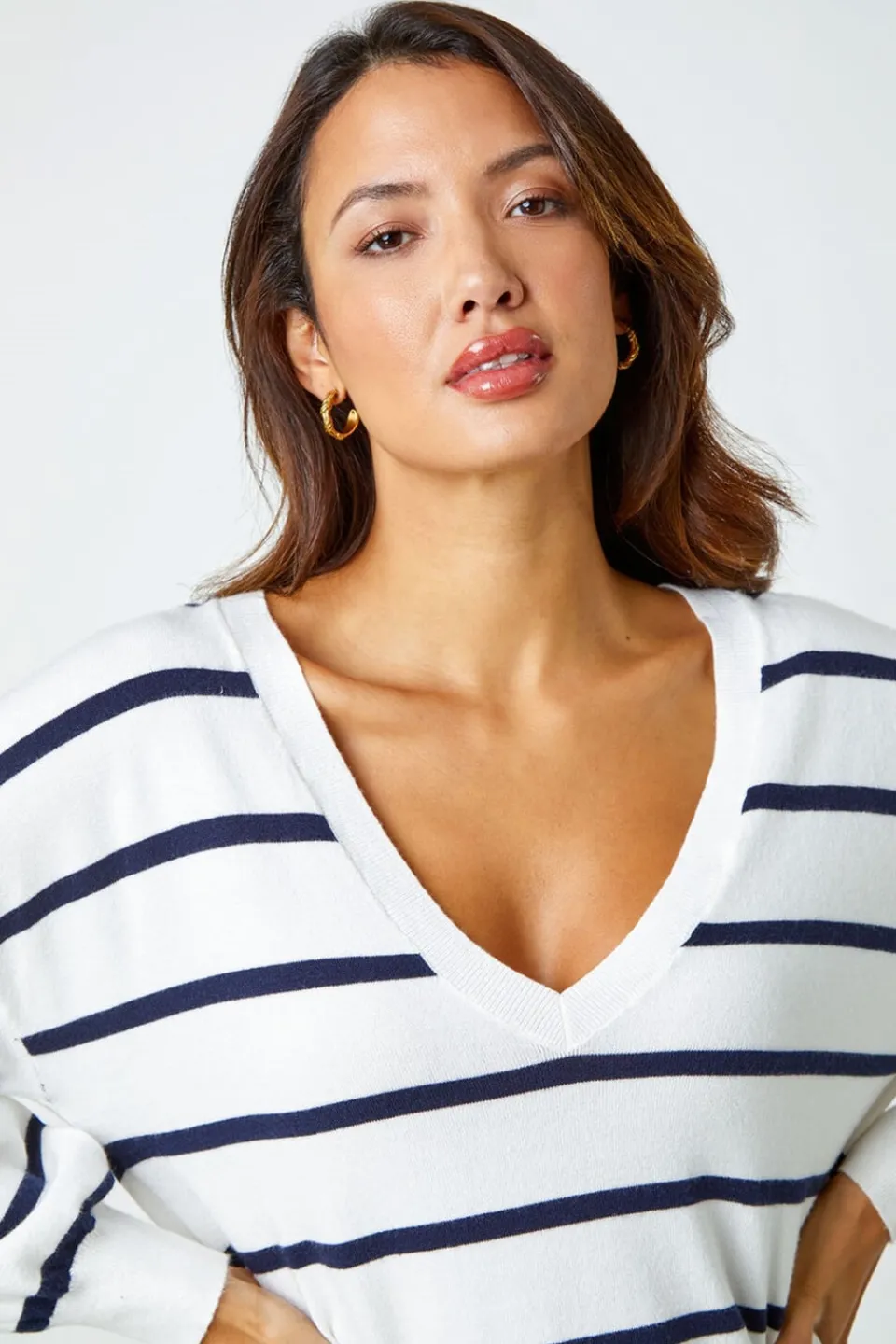 Tops>Roman Ivory Stripe Print Knitted V-Neck Longline Jumper 01Ivory