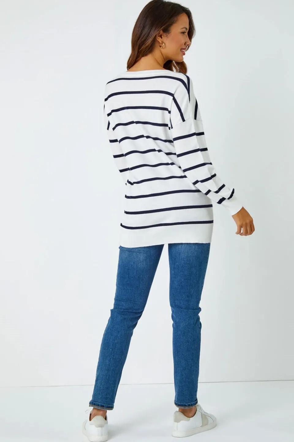 Tops>Roman Ivory Stripe Print Knitted V-Neck Longline Jumper 01Ivory